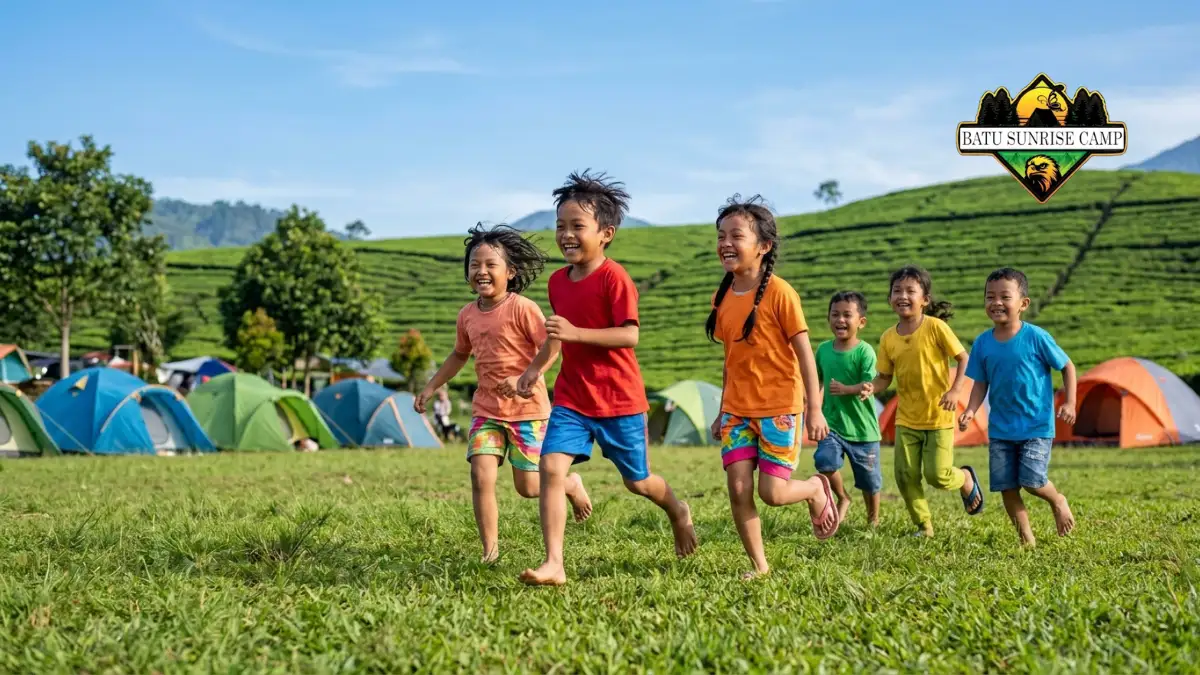 Anak-anak bermain di camping ground Kemuning Karanganyar dengan pemandangan kebun teh