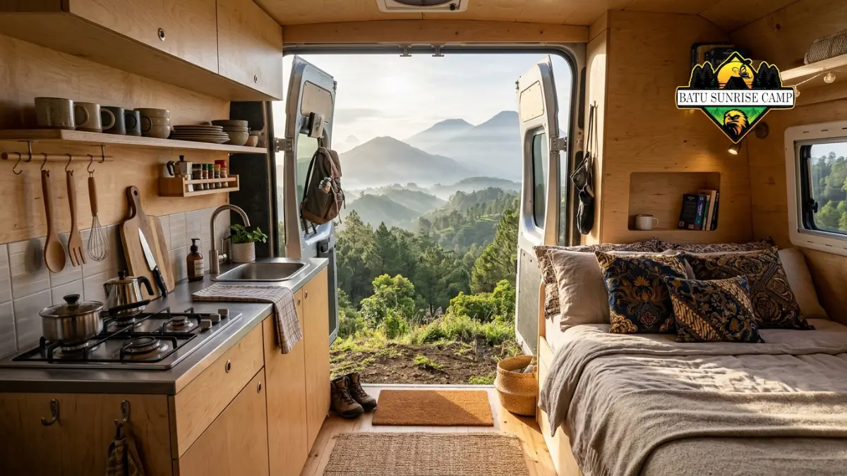 Interior campervan Batu Malang yang nyaman dengan tempat tidur dan area duduk