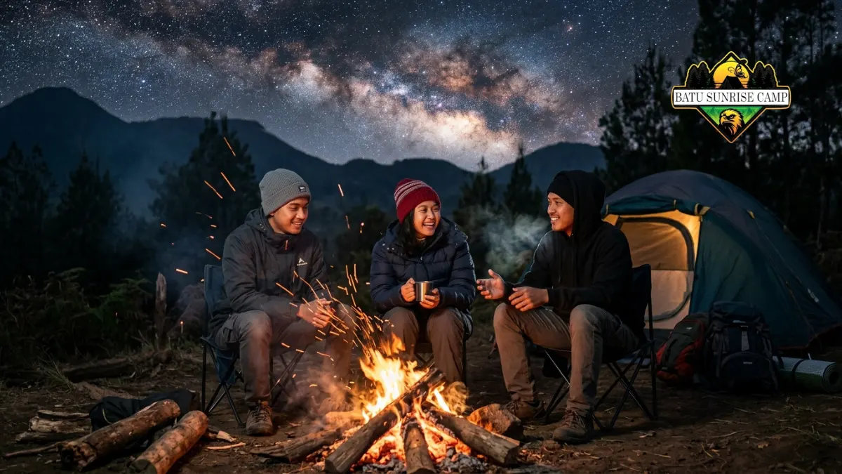 Suasana api unggun saat camping di Batu pada malam hari