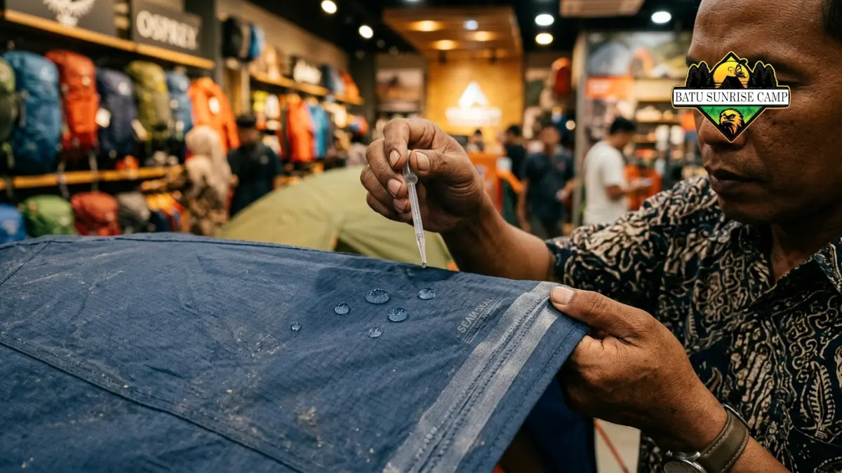 Mengecek bahan waterproof pada tenda camping sebelum pesan