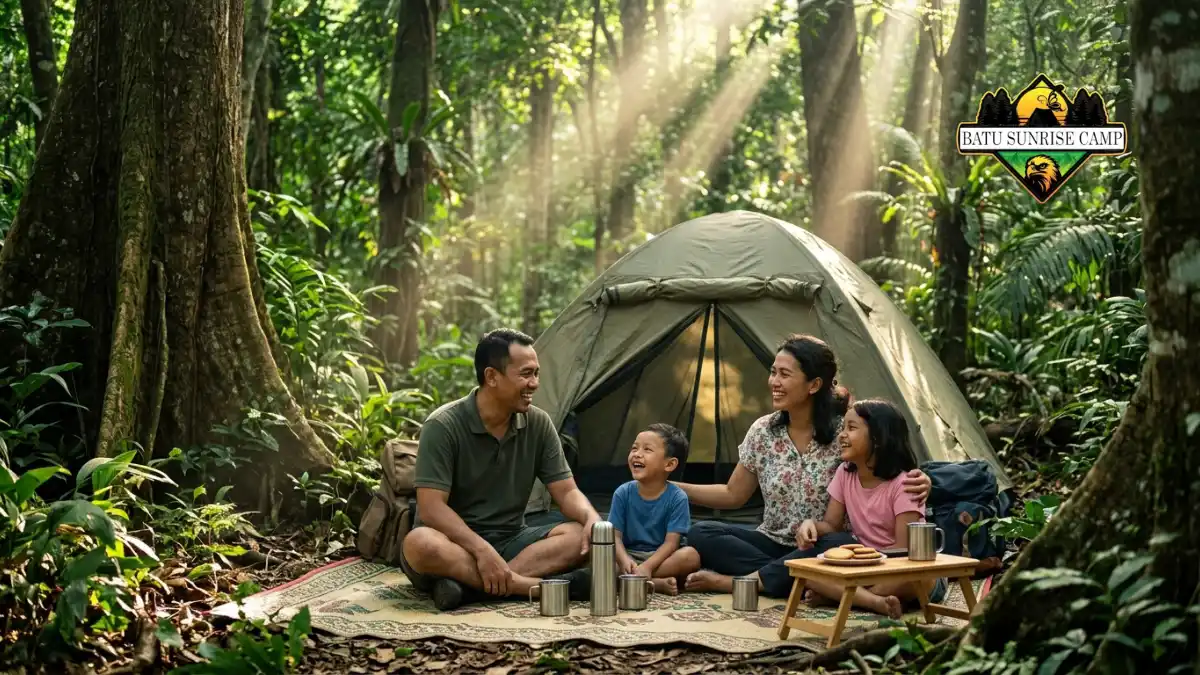 Keluarga berkemah di hutan rindang
