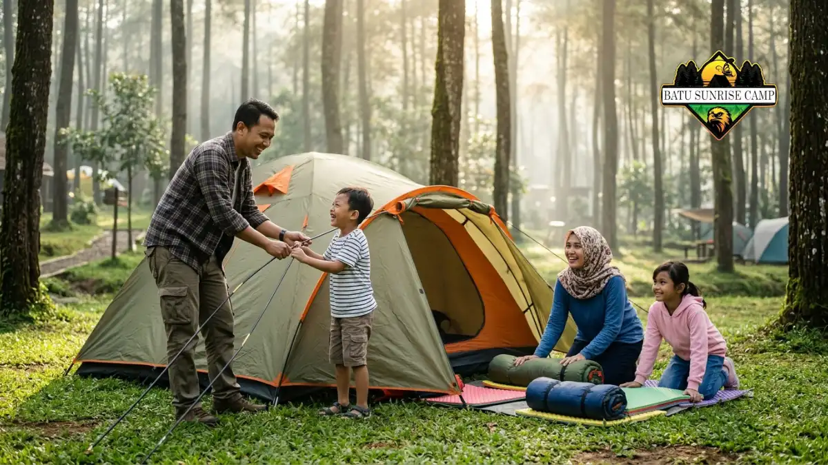 Keluarga sedang memasang tenda camping di Batu Malang