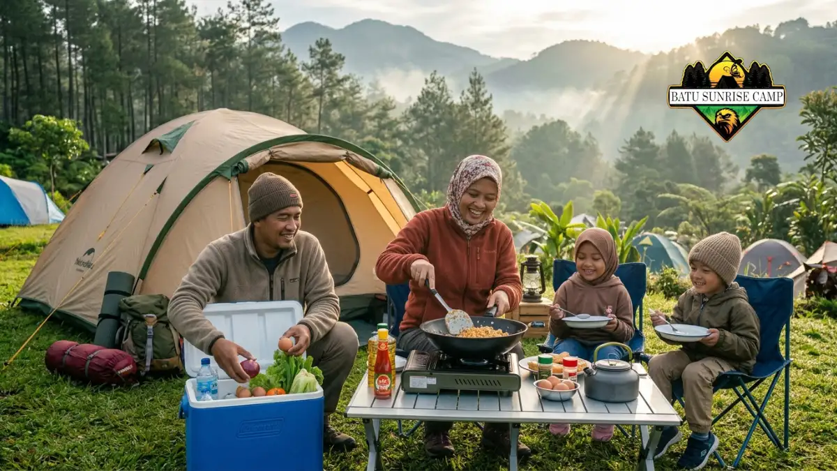 Keluarga sedang memasak bersama saat camping menggunakan kompor portable