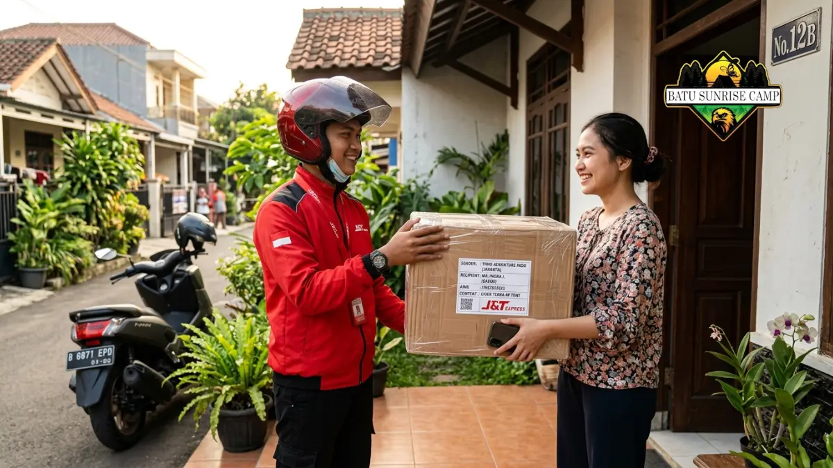 Kurir mengantarkan tenda camping pesanan online