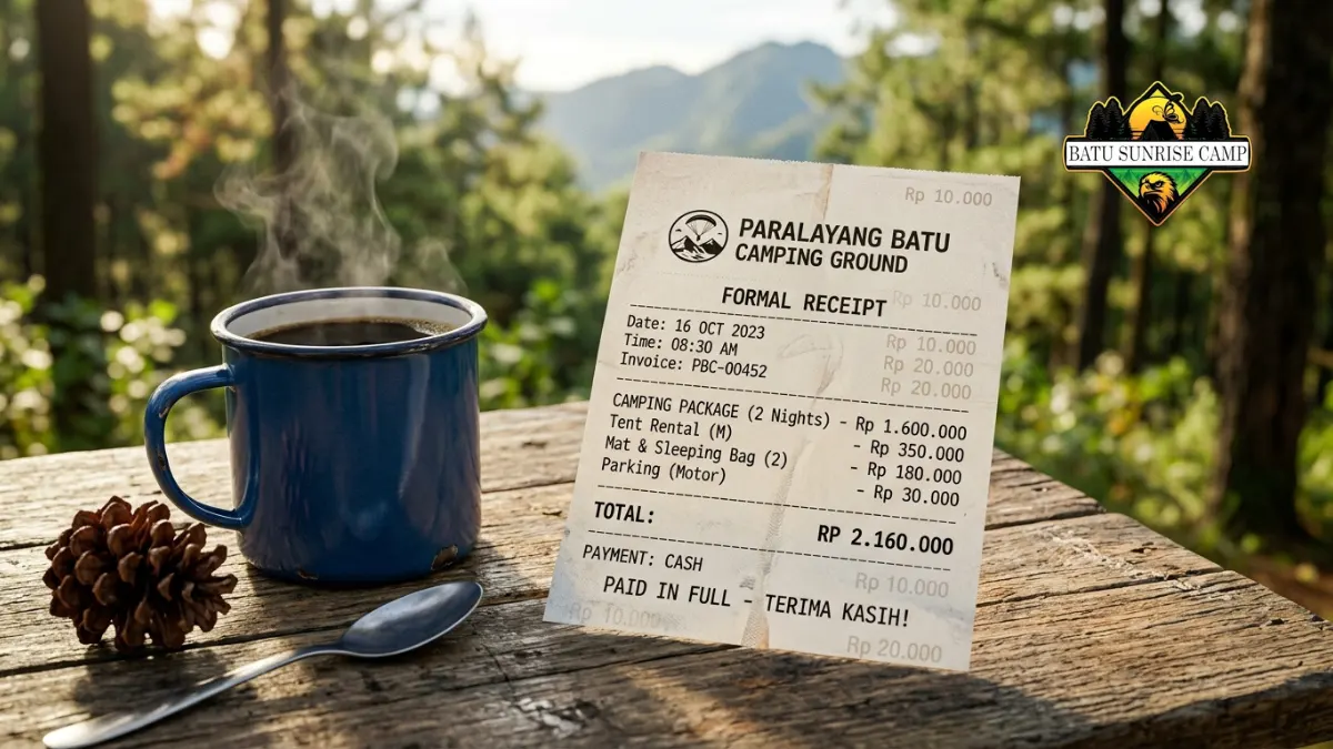 Rincian biaya dan kwitansi camping di kawasan Paralayang Batu