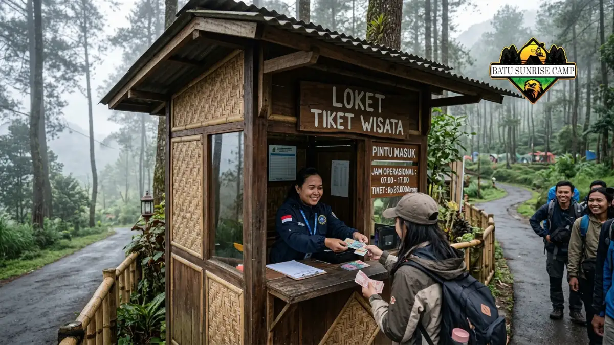 Loket tiket masuk kawasan perkemahan di Malang dengan pengunjung yang antre membeli tiket