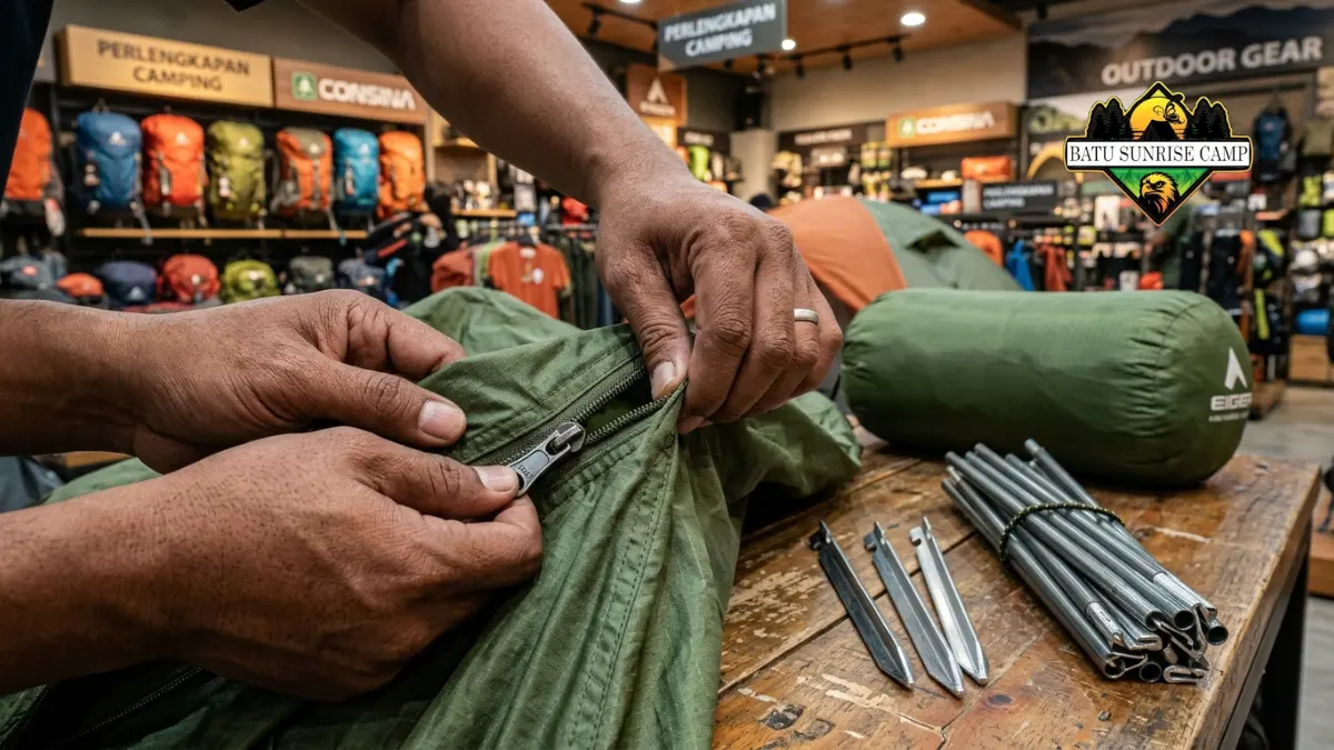 Memeriksa kelengkapan paket alat camping sebelum membeli