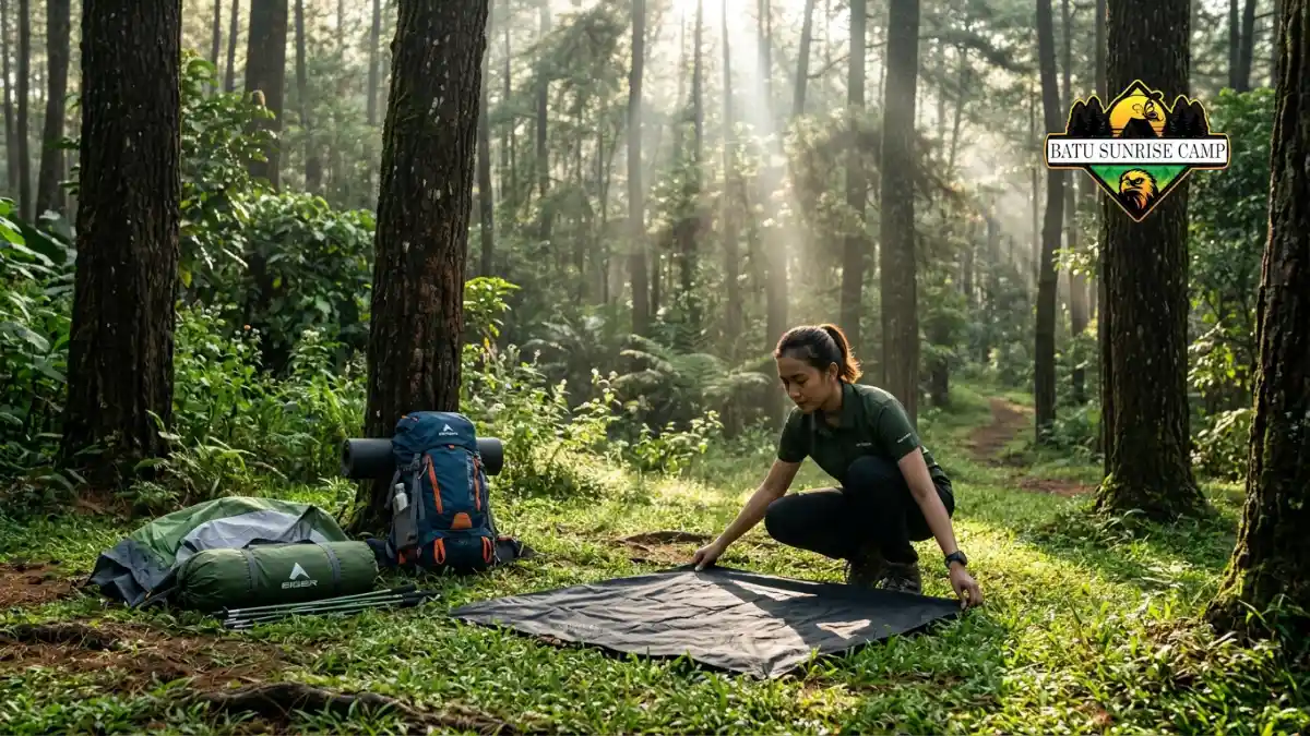 Memilih lokasi datar dan aman untuk mendirikan tenda camping