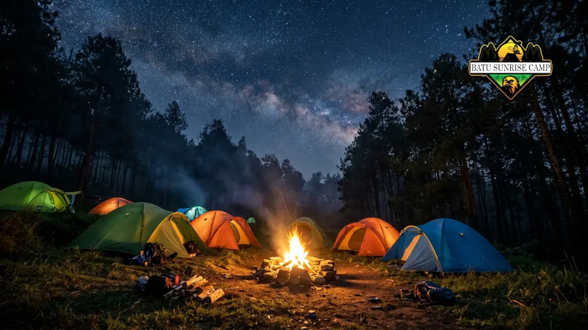 Suasana malam camping ground di Batu dengan api unggun