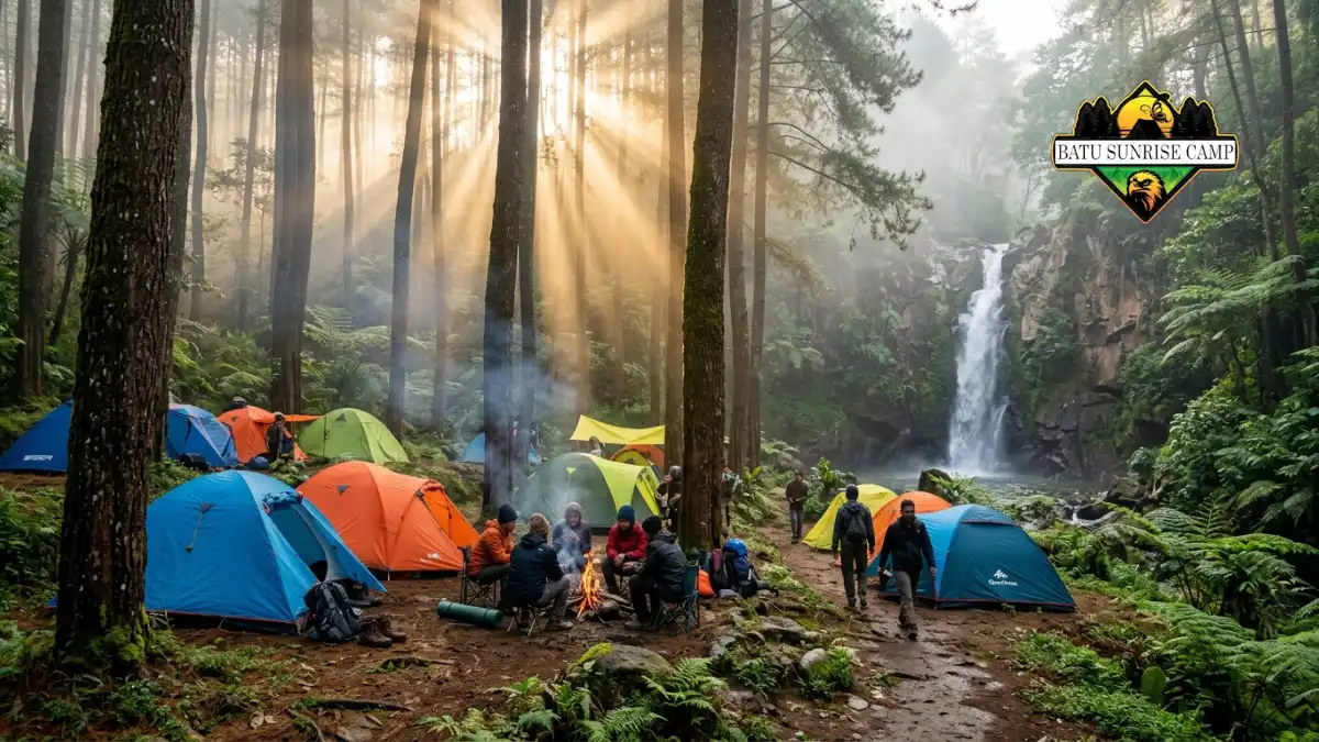 Suasana camping di area Air Terjun Irenggolo Kediri yang dikelilingi hutan pinus
