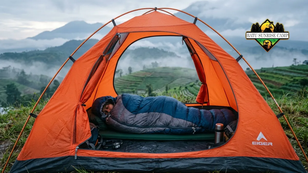 Tenda dan sleeping bag di puncak kawasan dataran tinggi Malang pada malam hari