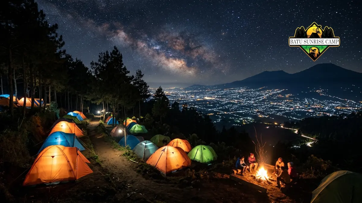 Suasana tenda camping pada malam hari di kawasan Paralayang Batu